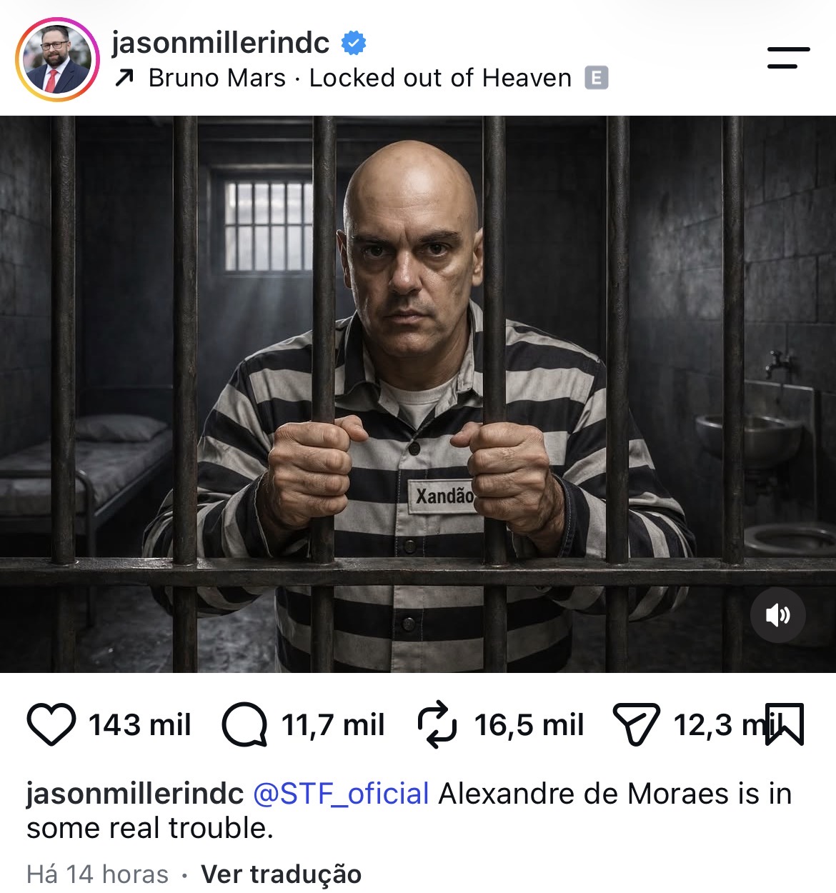 Aliado de Trump publica montagem de Moraes atrás das grades e diz que ministro está em “sérios problemas”